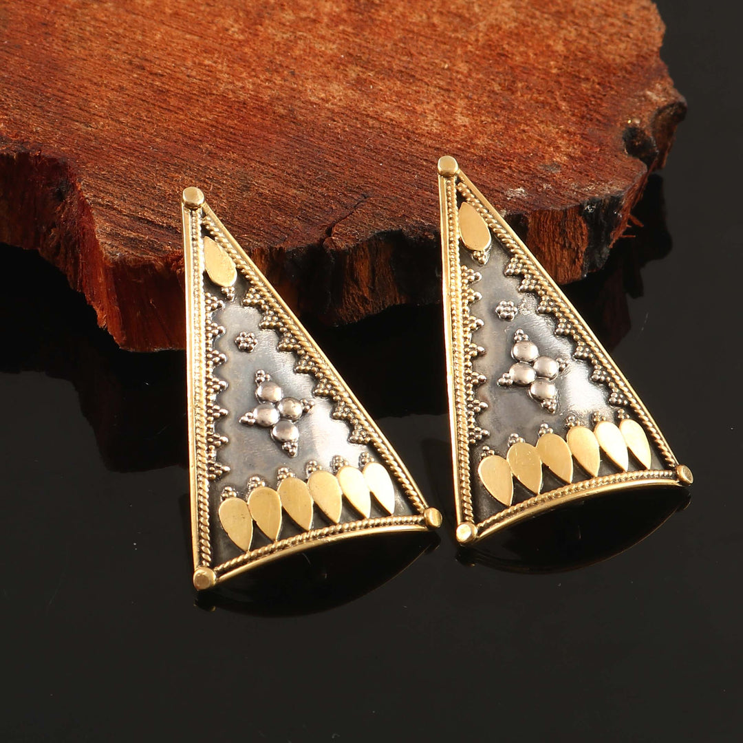 Dual Tone Silver Triangle Shape Ear Studs