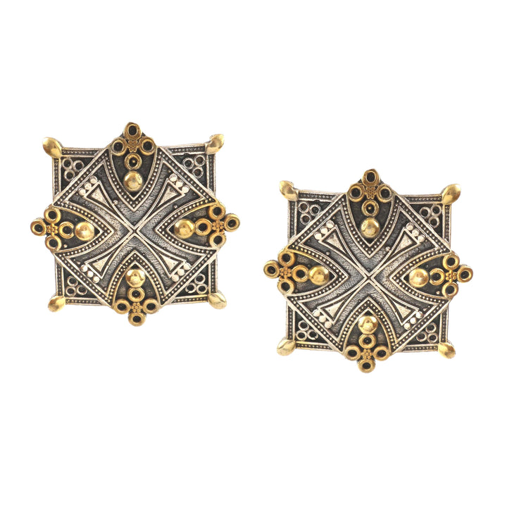 Silver Dual Tone & Floral Oxidized Stud Earrings