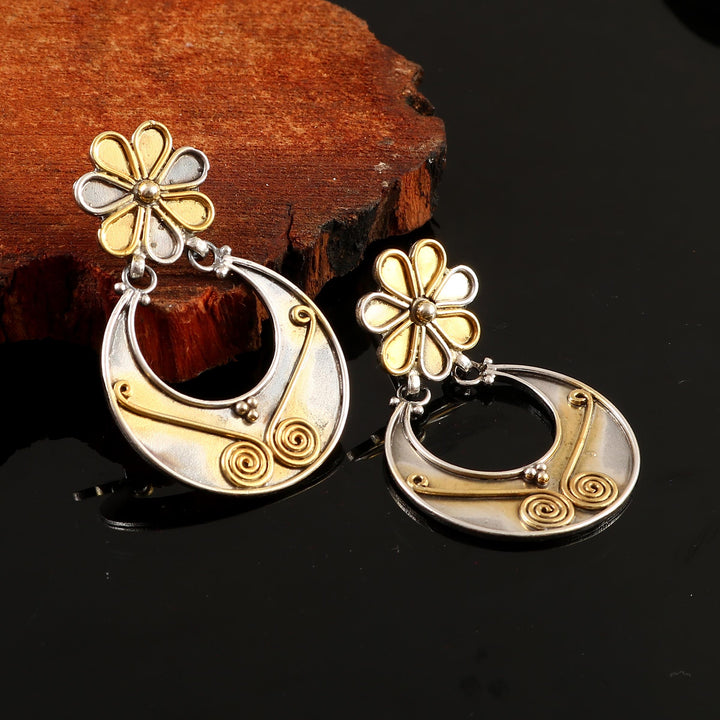 Dual Tone Silver Floral Chand-Bali Stud Earrings