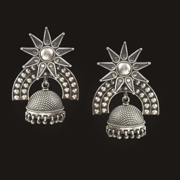 Silver Oxidized Sun-Floral Jhumki Earrings