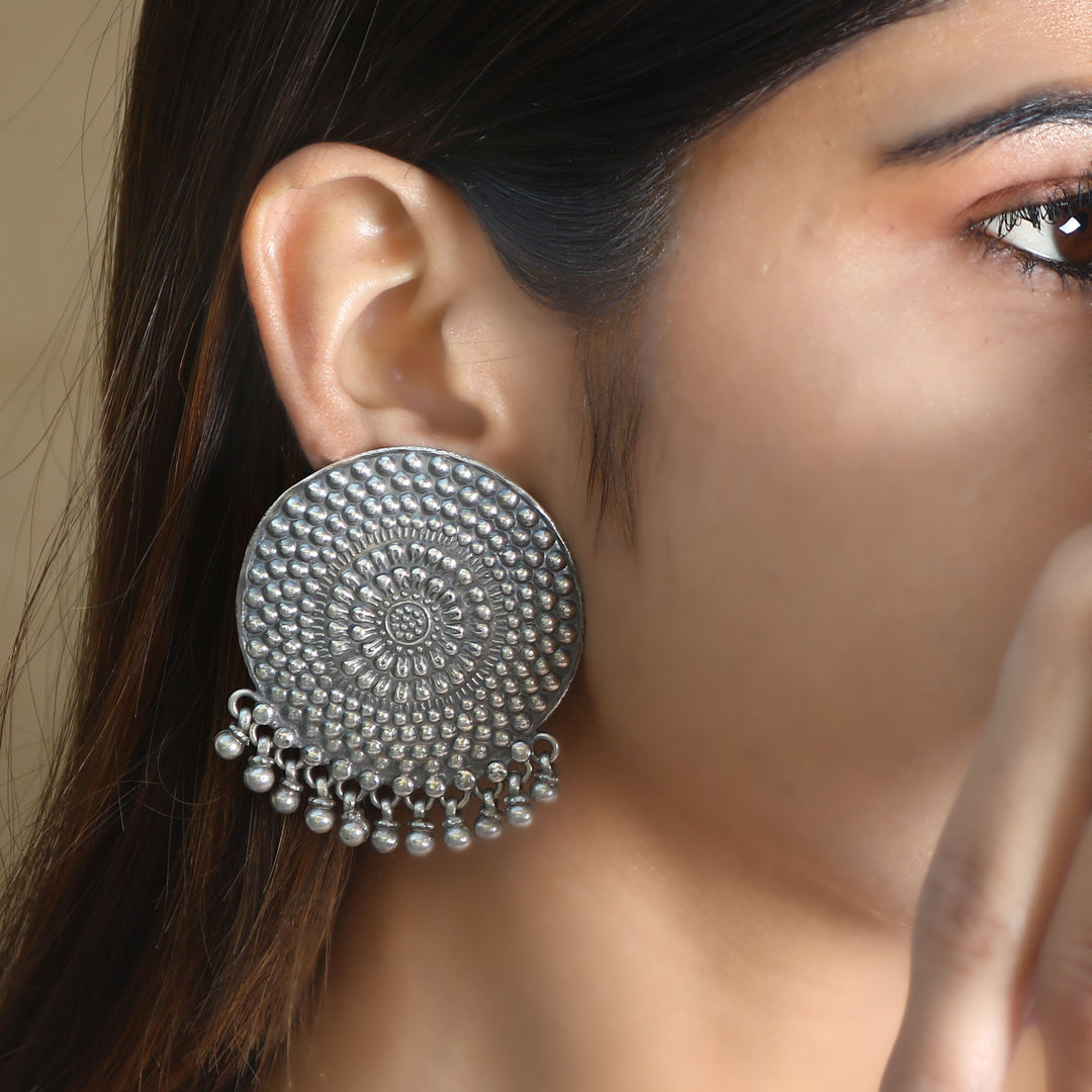 Silver Oxidized Floral Ghungroo Earrings