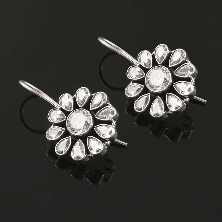 Silver Floral Cut Stone Ear Hoops