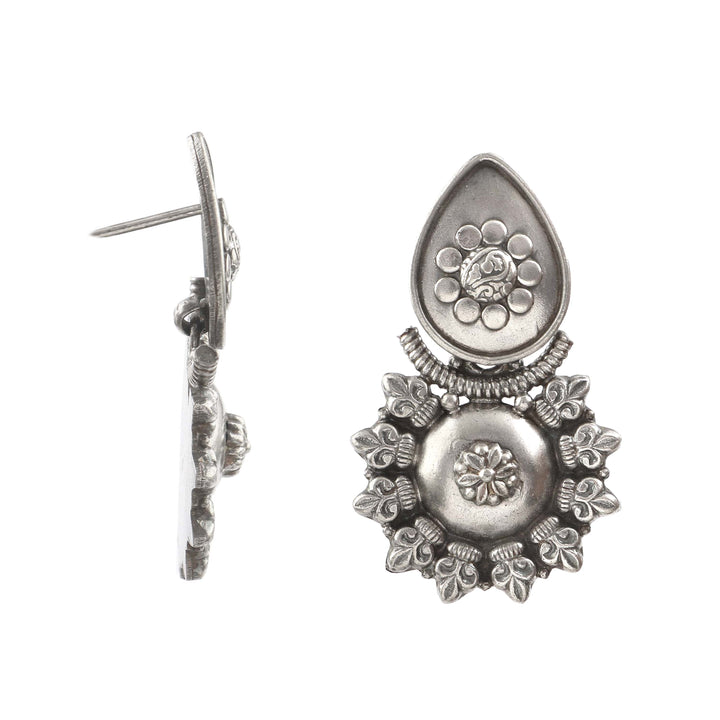 Silver Teardrop & Floral Design Stud Earrings
