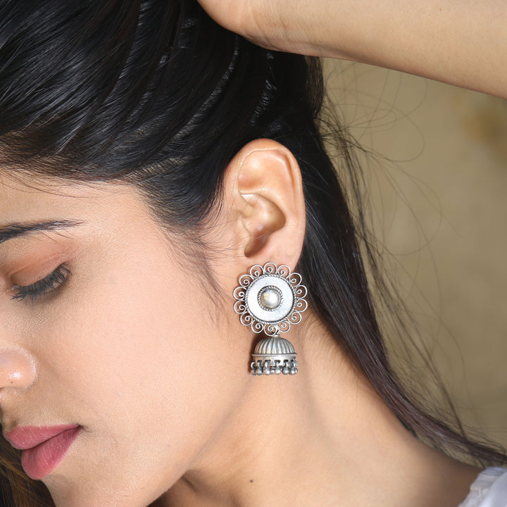 Silver Oxidized Floral Jhumki Earrings