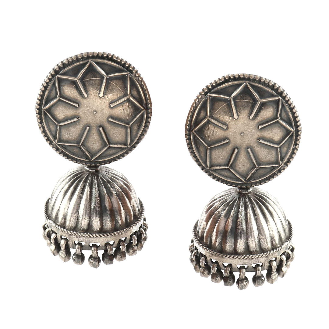 Silver Oxidized Floral Jhumki Earrings