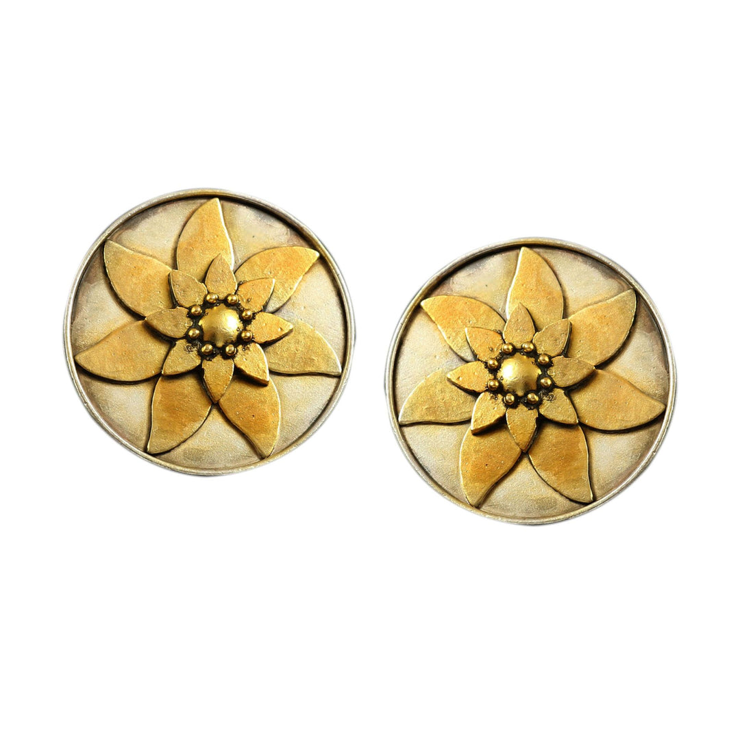 Dual Tone Silver Sun-Floral Design Stud Earrings