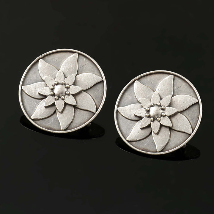 Silver Oxidized Sun-Floral Ear Studs