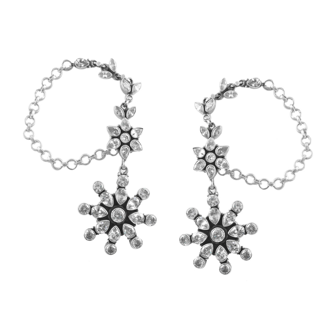 Silver Floral Ear Chain Stud Earrings