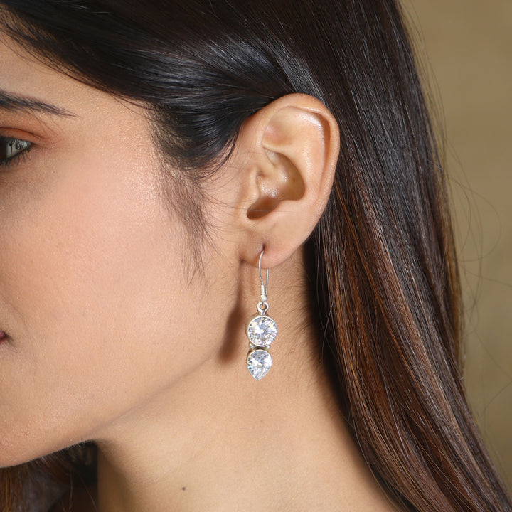 Silver Tear-Drop Zircon Ear Hoops