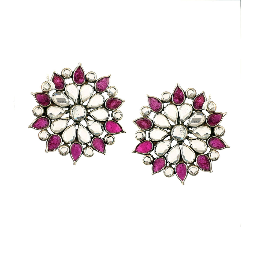 Silver Floral Pink & White Checker Stud Earrings