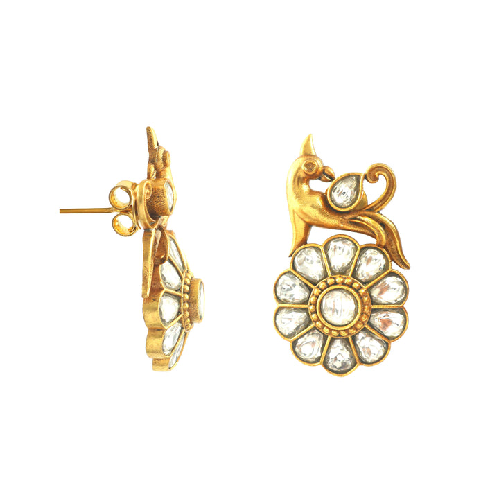 Gold Plated Silver Beautiful Bird Floral Kundan Stud Earrings