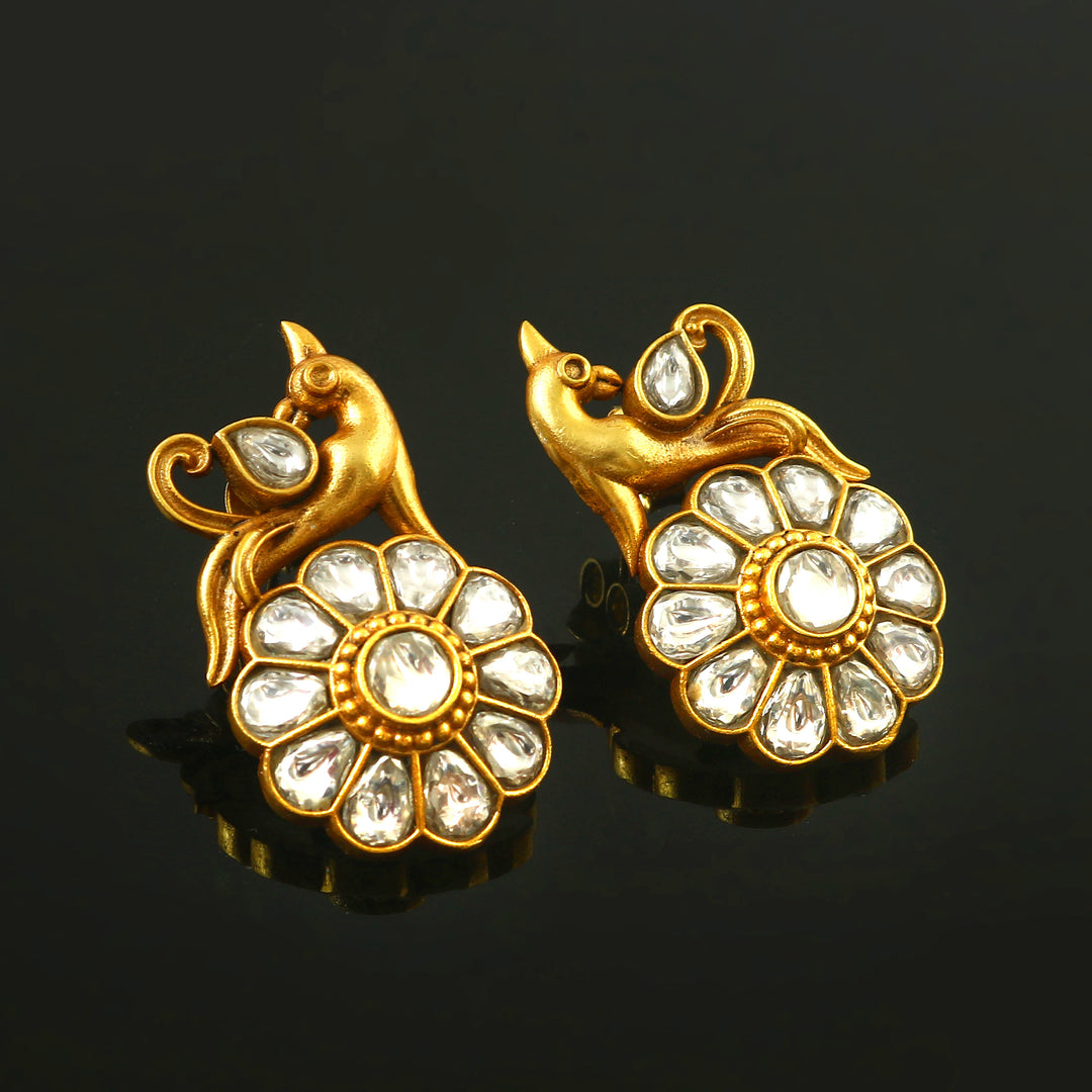 Gold Plated Silver Beautiful Bird Floral Kundan Stud Earrings