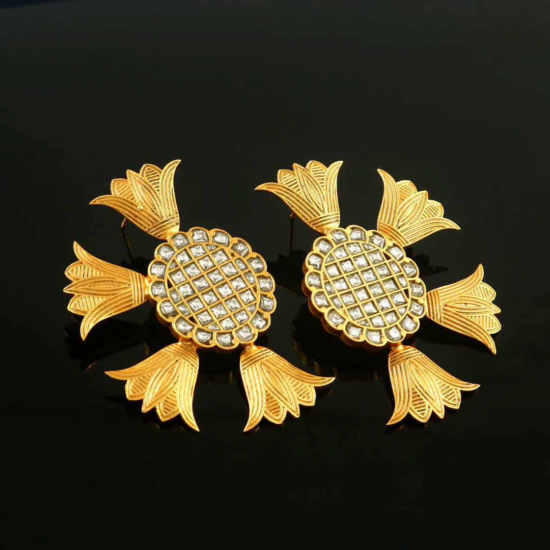 Unique Gold-Plated Silver Kundan-Jadau Stud Earrings
