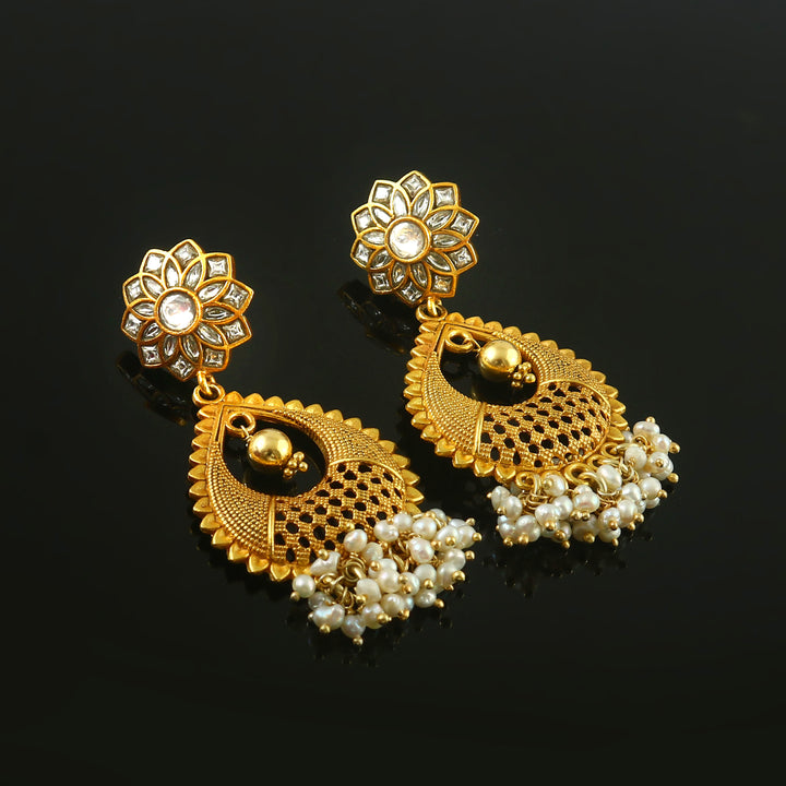 Gold Plated Silver Floral Teardrop Kundan Stud Earrings