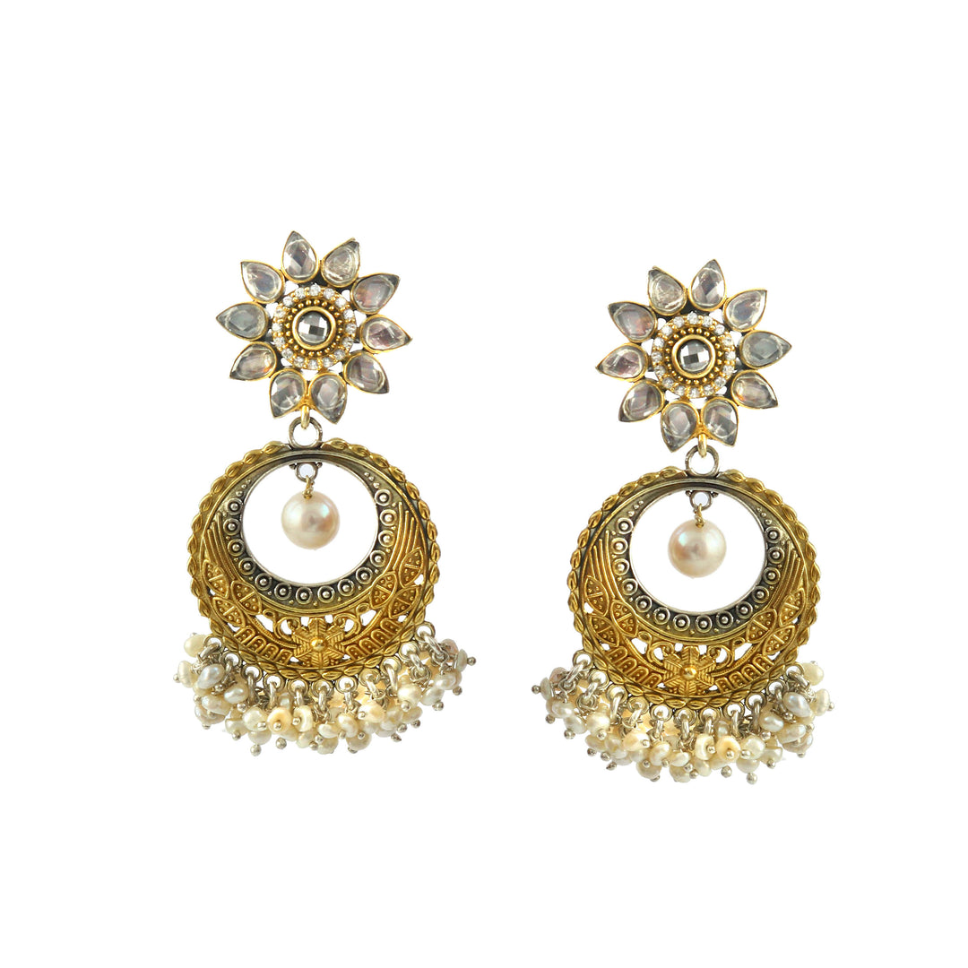 Dual Tone Silver Floral CZ Stone Stud Earrings with Pearls