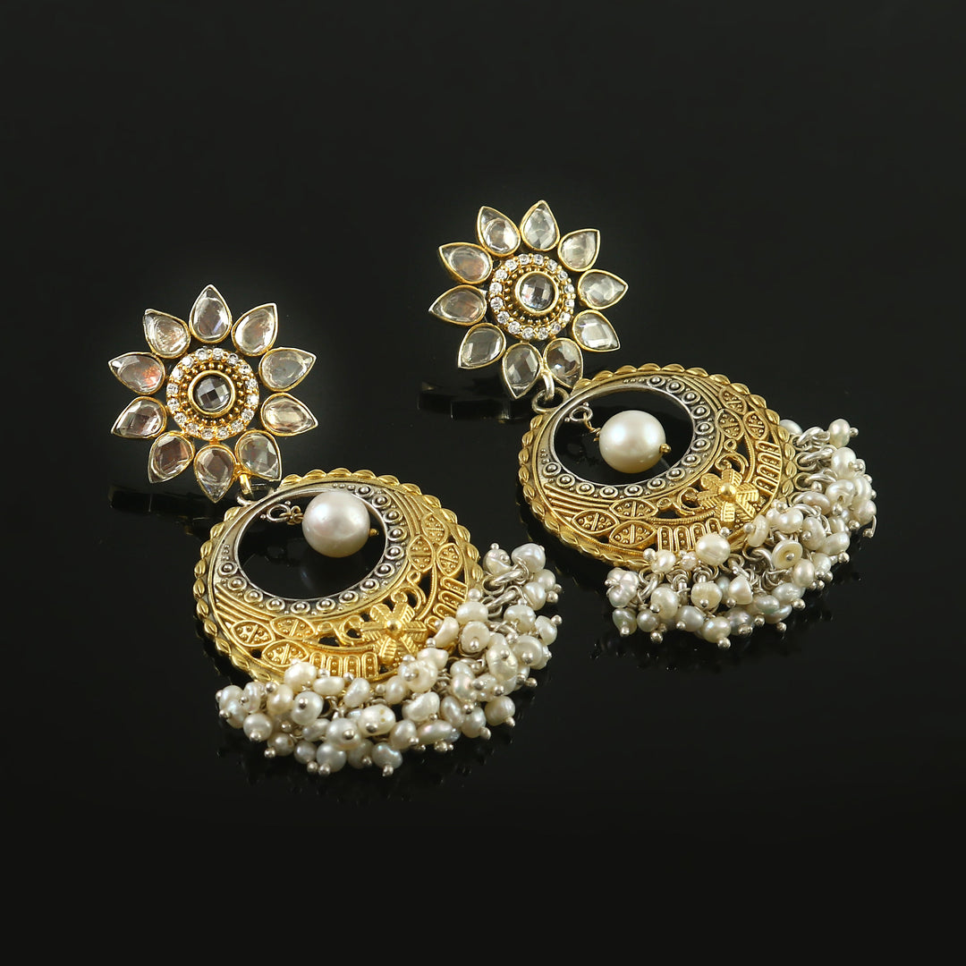 Dual Tone Silver Floral CZ Stone Stud Earrings with Pearls