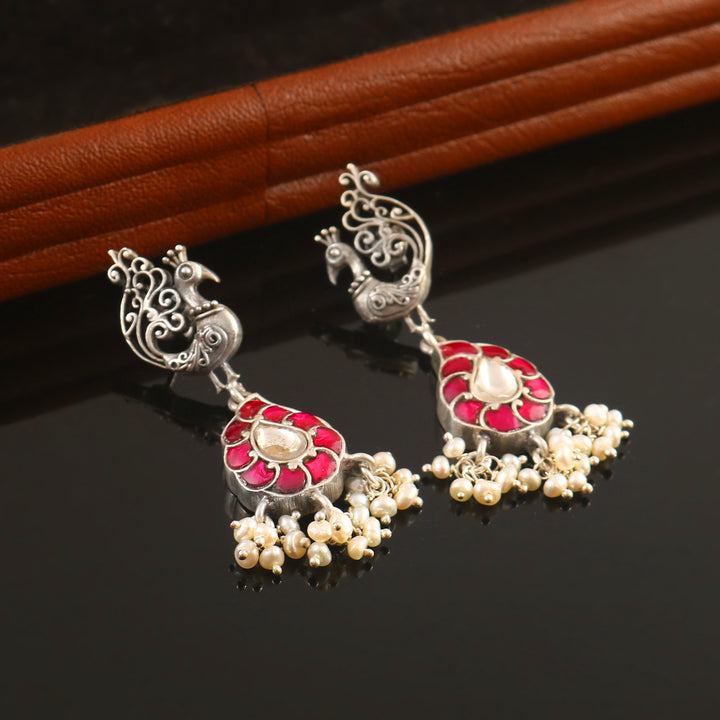 Silver Peacock Kundan-Jadau Stud Earrings