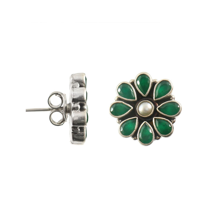 Silver Floral Green & White Stone Ear Studs