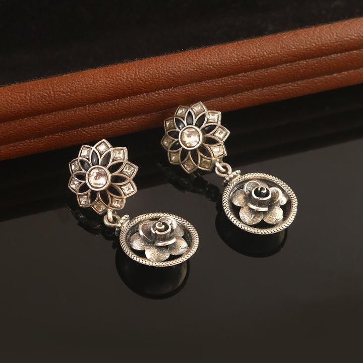 Adorable Silver Dual-Tone Floral Ear Studs