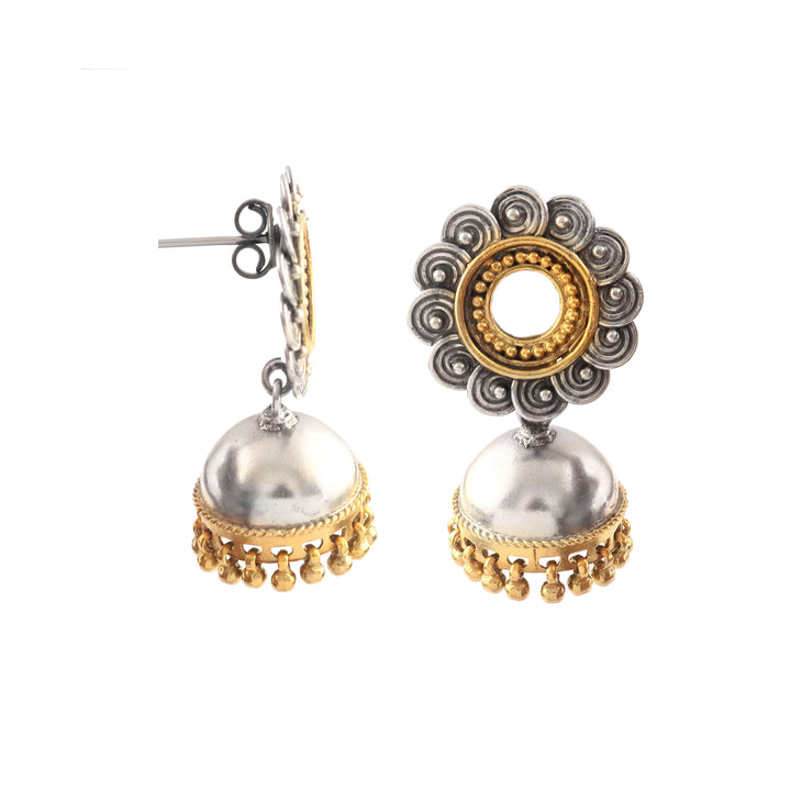 Silver Dual Tone Floral Jhumki Earrings