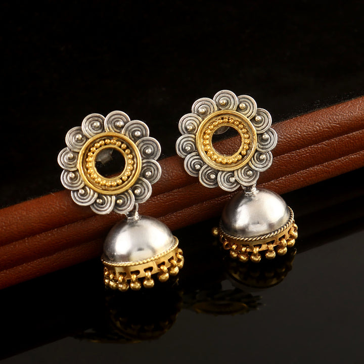 Silver Dual Tone Floral Jhumki Earrings