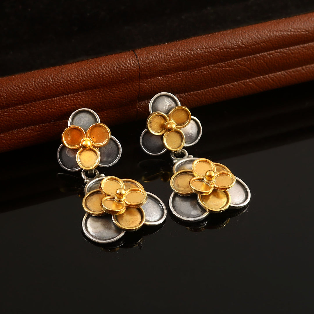 Silver Floral Dual Tone Stud Earrings