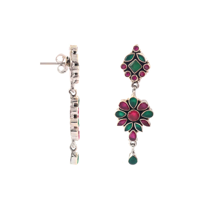 Silver Floral Pink & Green Cut Stone Stud Earrings