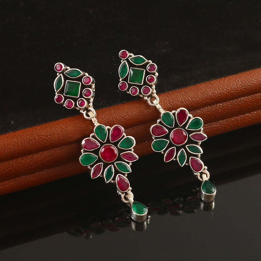 Silver Floral Pink & Green Cut Stone Stud Earrings