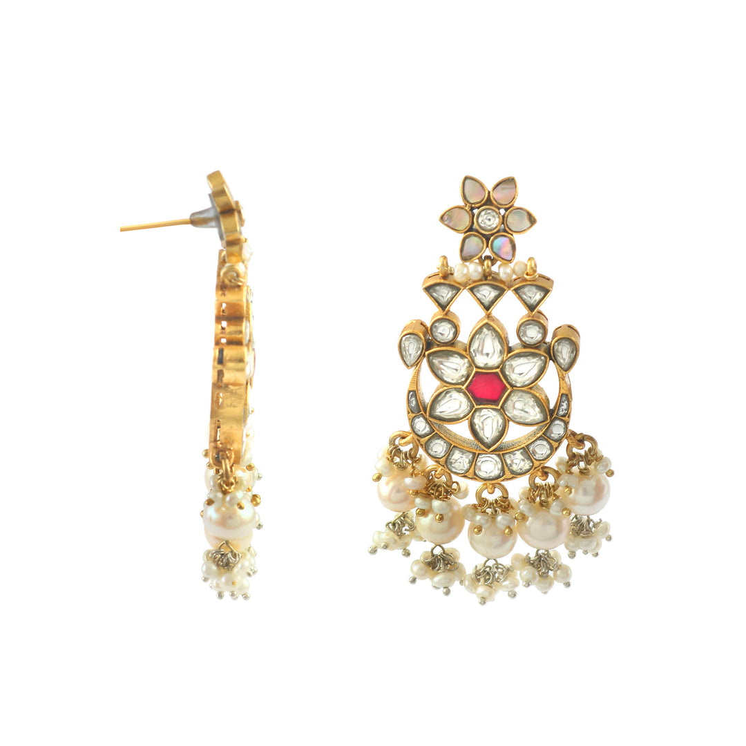 Beautiful Gold-Plated Silver Kundan White & Pink Stud Earrings