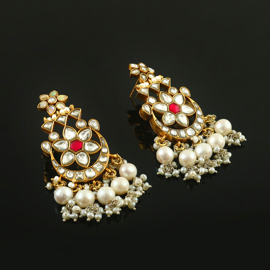 Beautiful Gold-Plated Silver Kundan White & Pink Stud Earrings