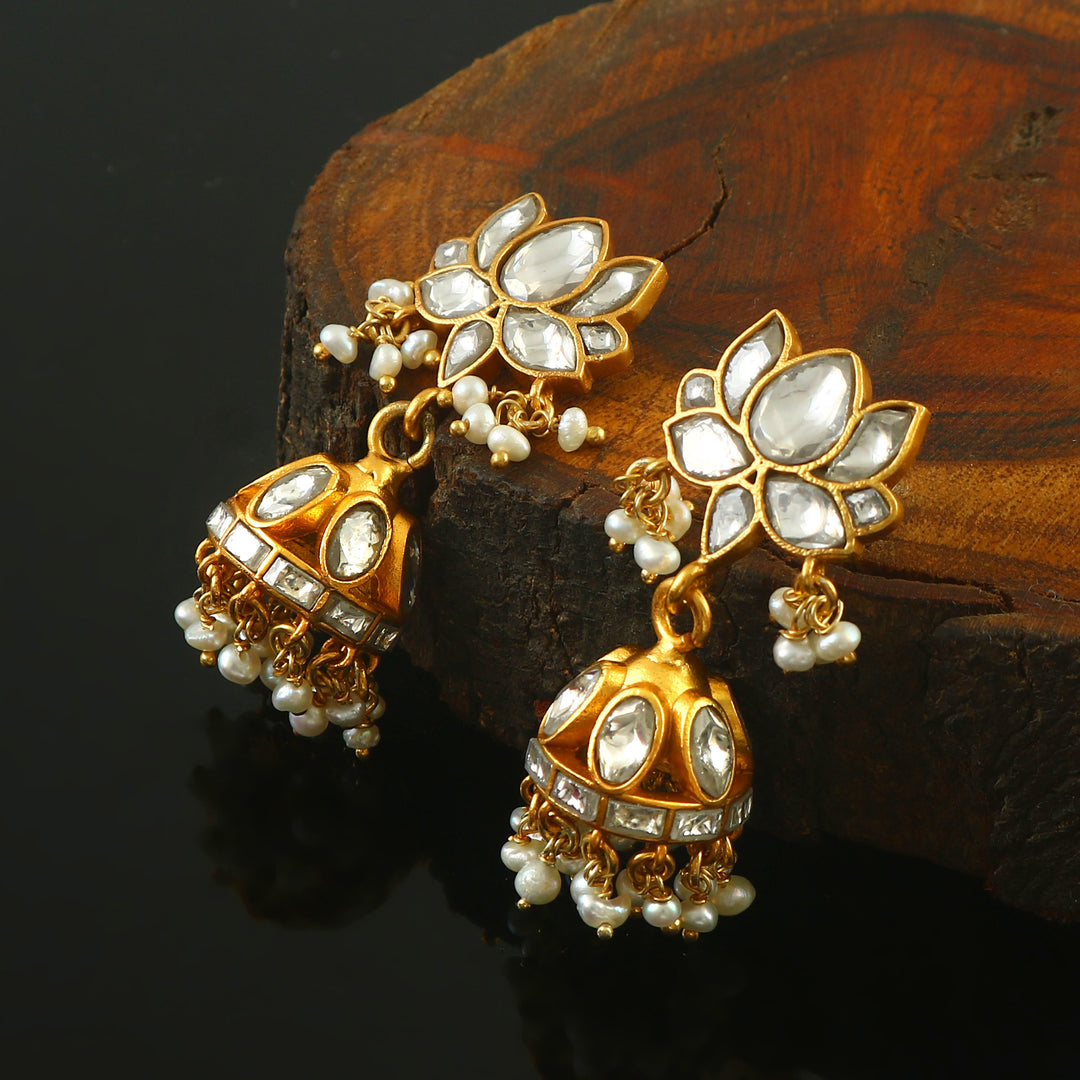 Adorable Gold-Plated Silver Lotus Kundan Jhumki Earrings