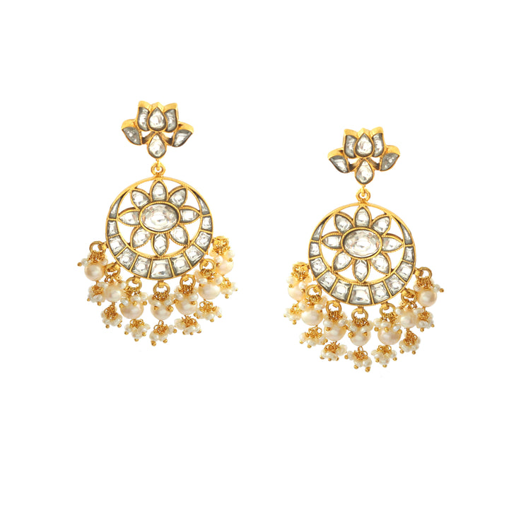 Gold-Plated Silver Lotus Chand-Bali Kundan Earrings