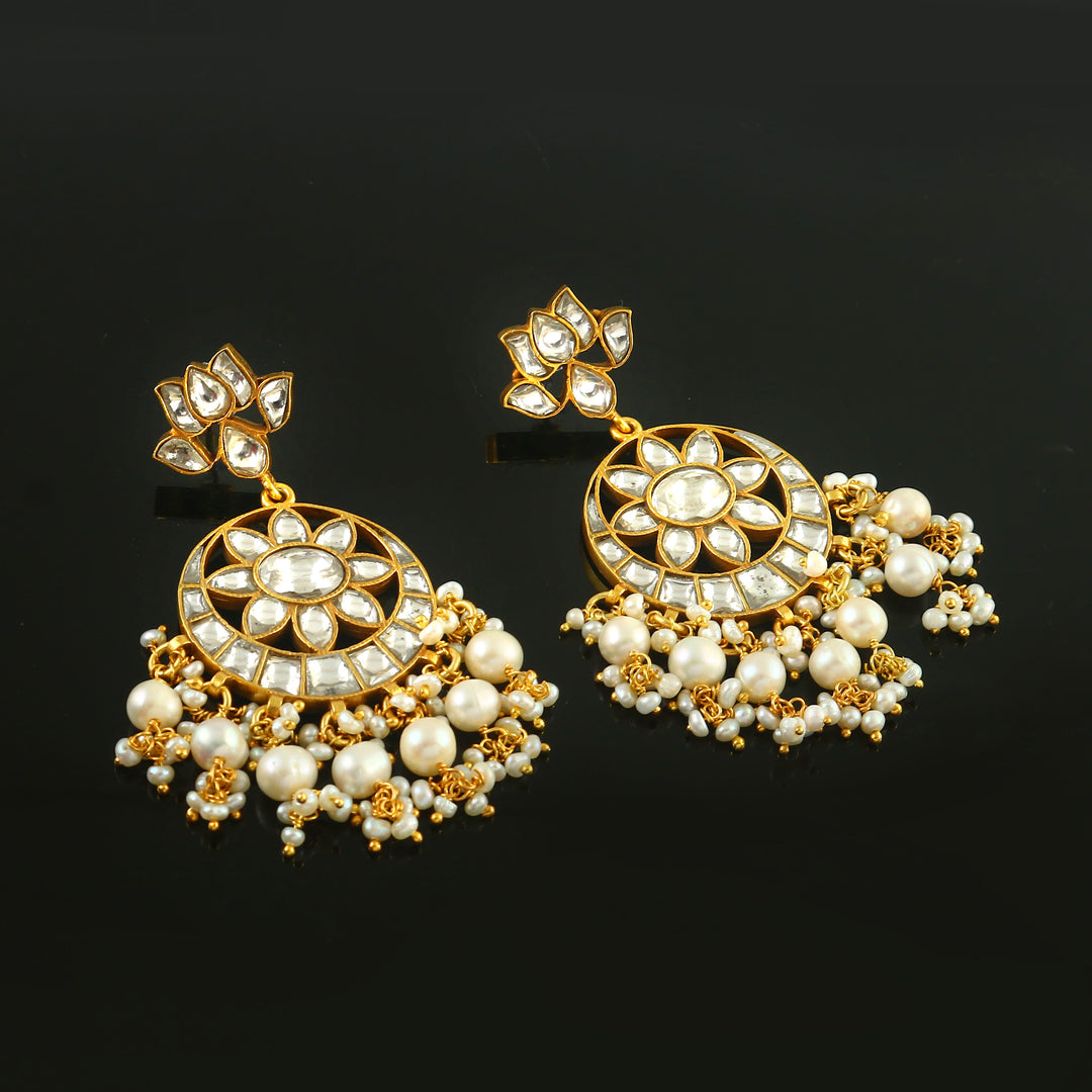 Gold-Plated Silver Lotus Chand-Bali Kundan Earrings