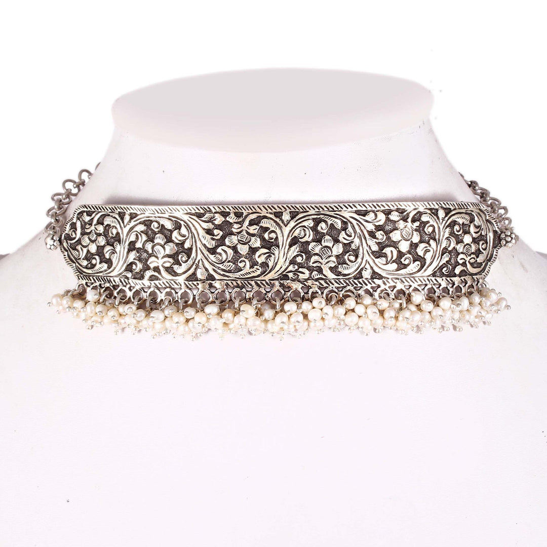 Silver Floral Statement, Choker Pearl Necklace