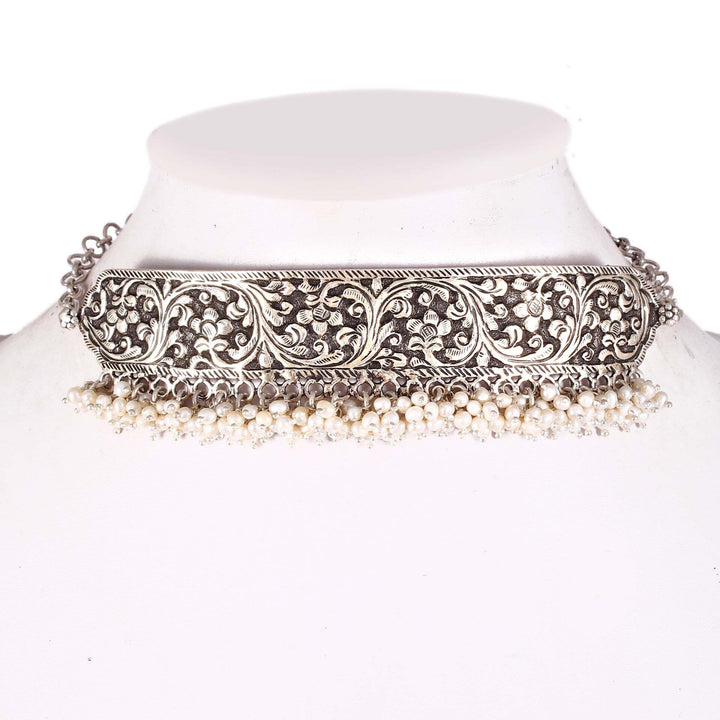 Silver Floral Statement, Choker Pearl Necklace