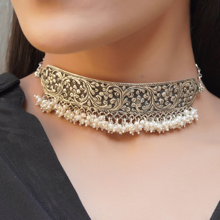 Silver Floral Statement, Choker Pearl Necklace
