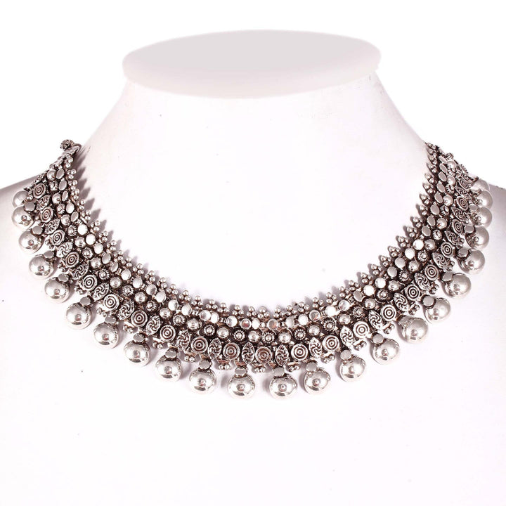 Silver Oxidized, Floral Statement Chain Necklace