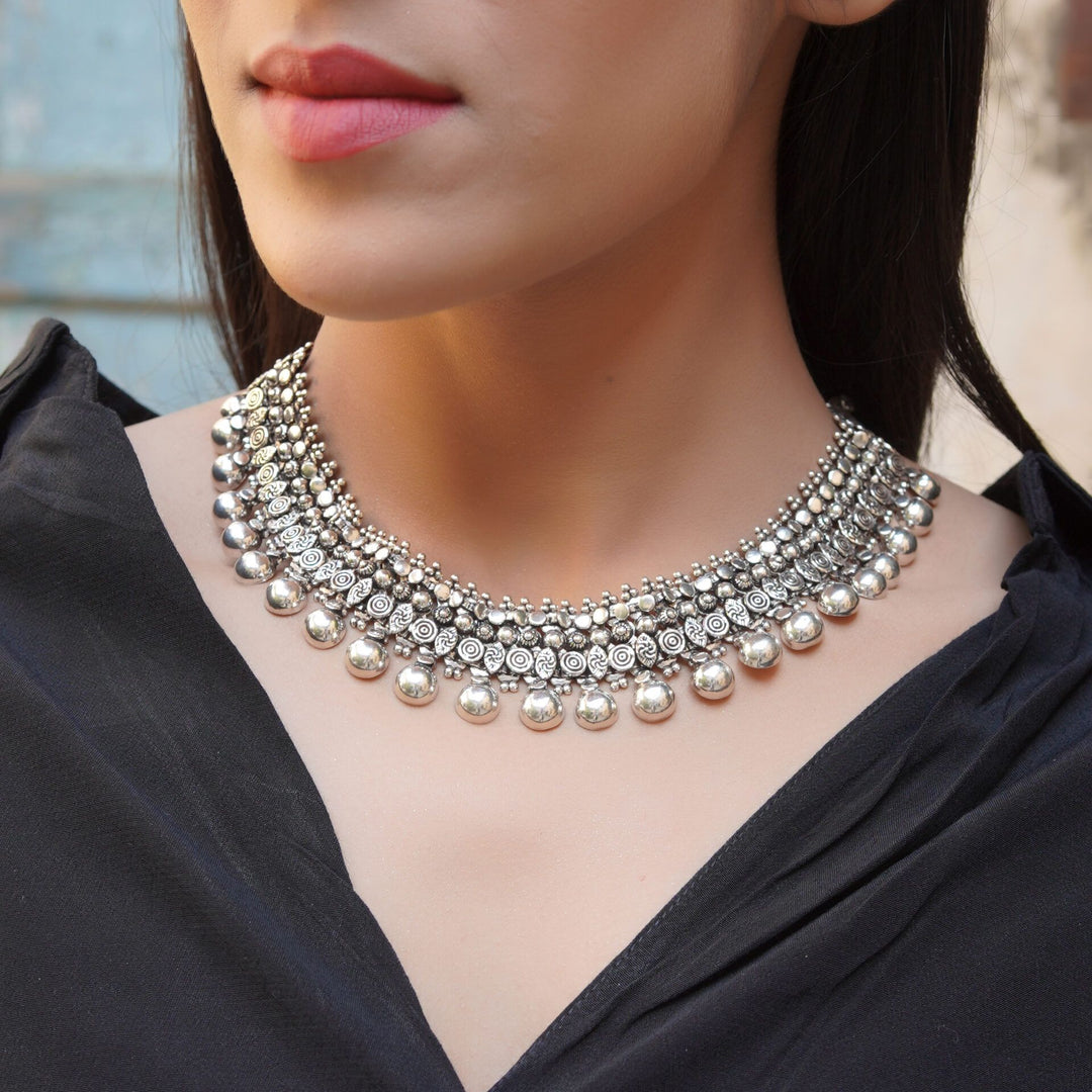 Silver Oxidized, Floral Statement Chain Necklace