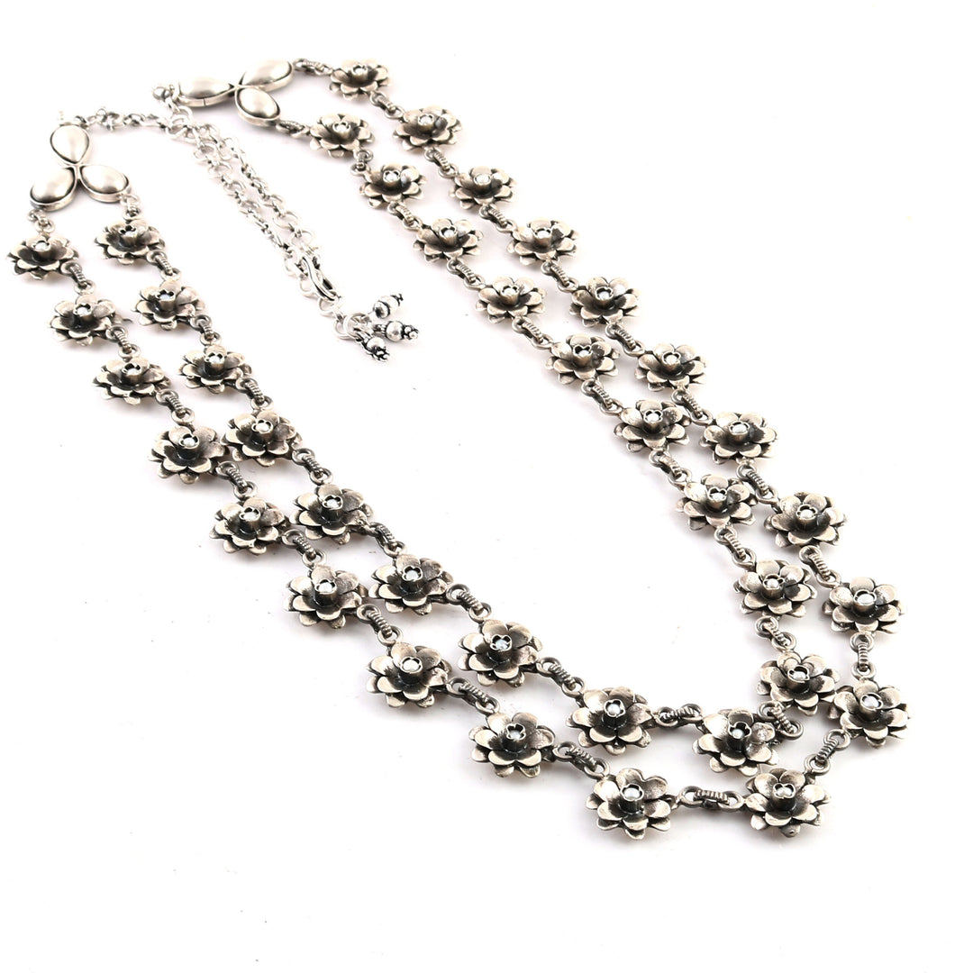 Silver Double Line Floral Designer Pearl Necklace