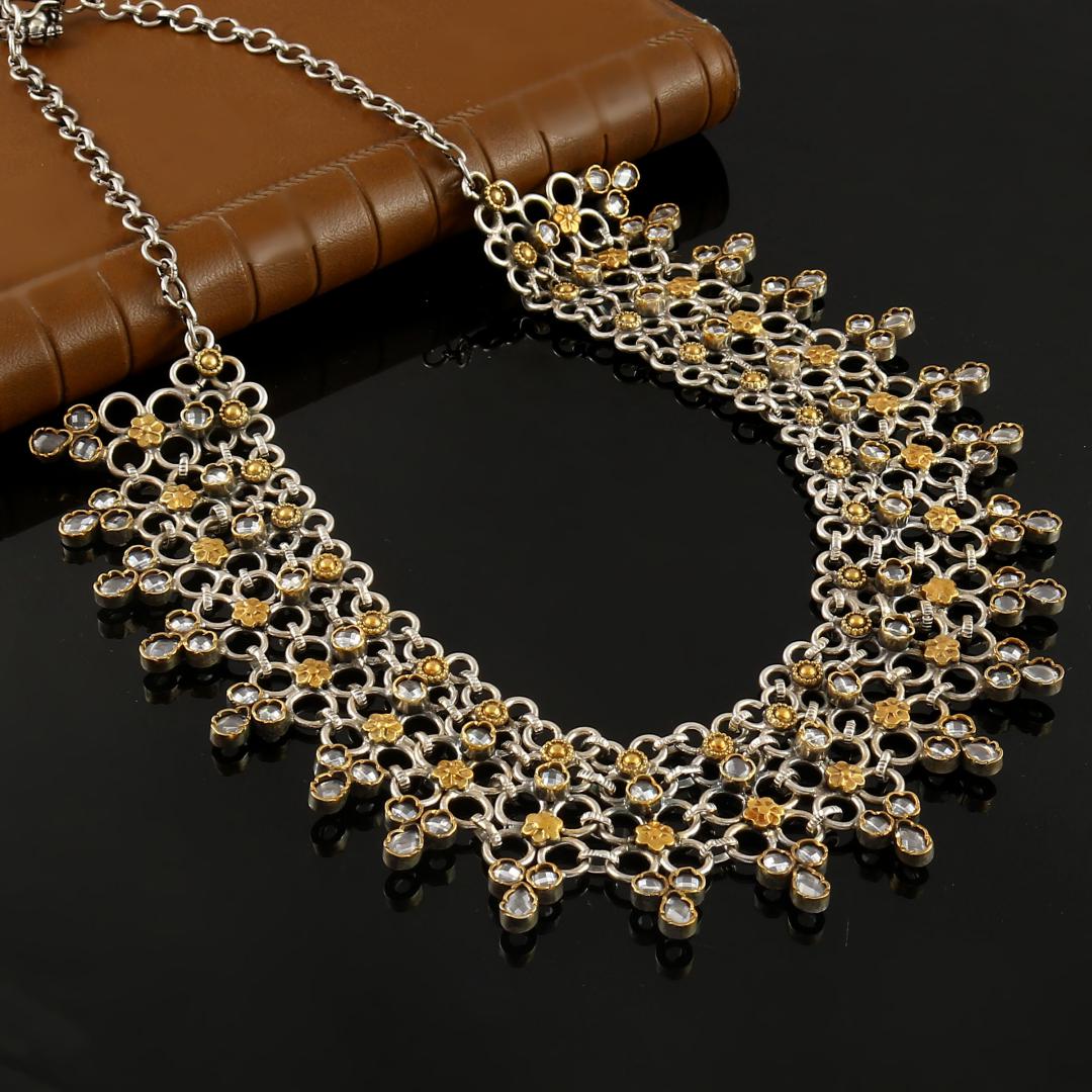 Gold Plated Silver, Floral CZ's Statement Necklace