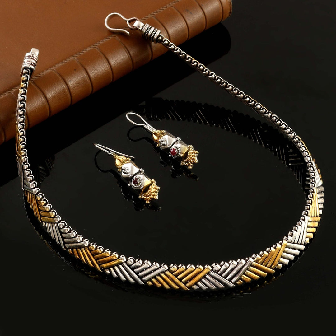 Gold Plated Silver, Dual Tone Necklace With Earrings