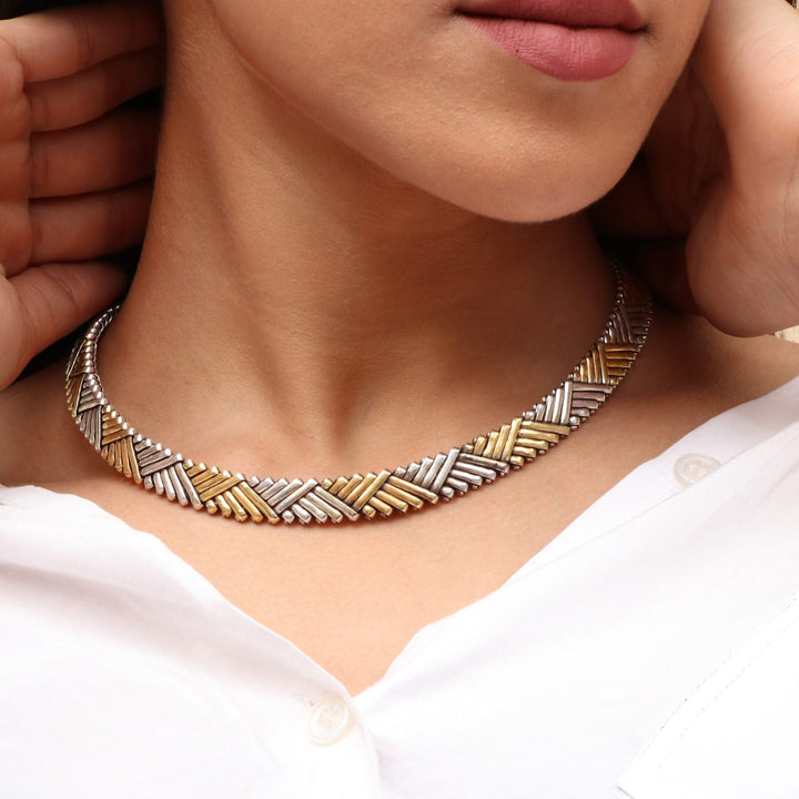 Gold Plated Silver, Dual Tone Necklace With Earrings