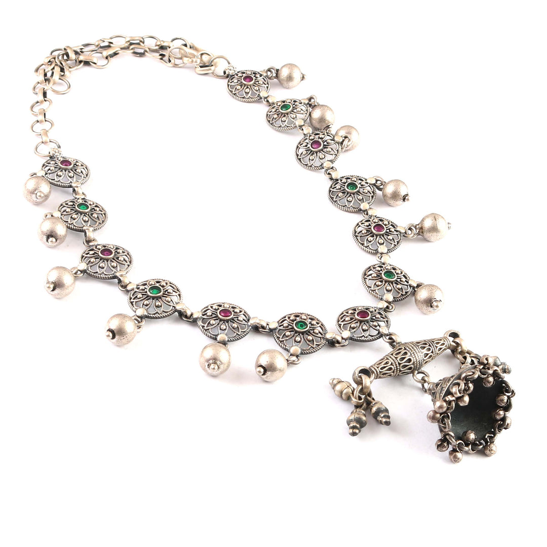 Silver Oxidized Floral Statement Necklace