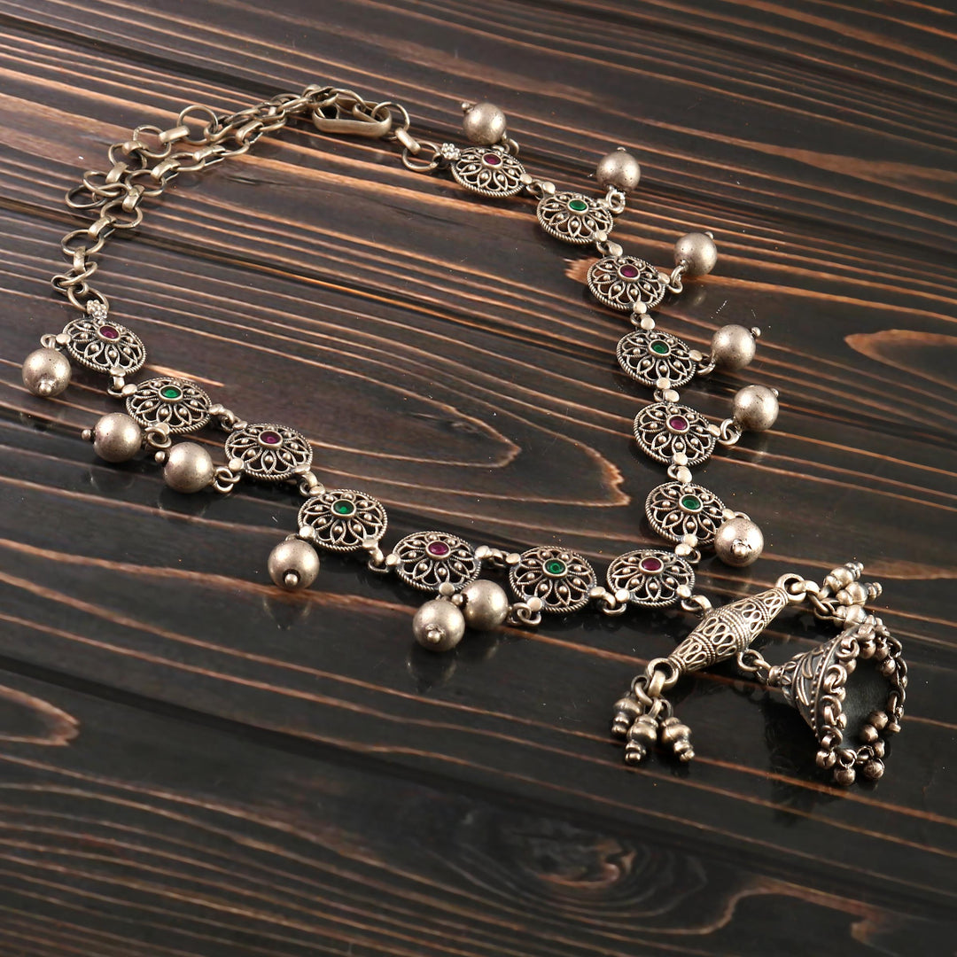 Silver Oxidized Floral Statement Necklace