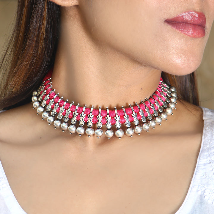 Silver Guitar Choker Necklace in Pink Thread