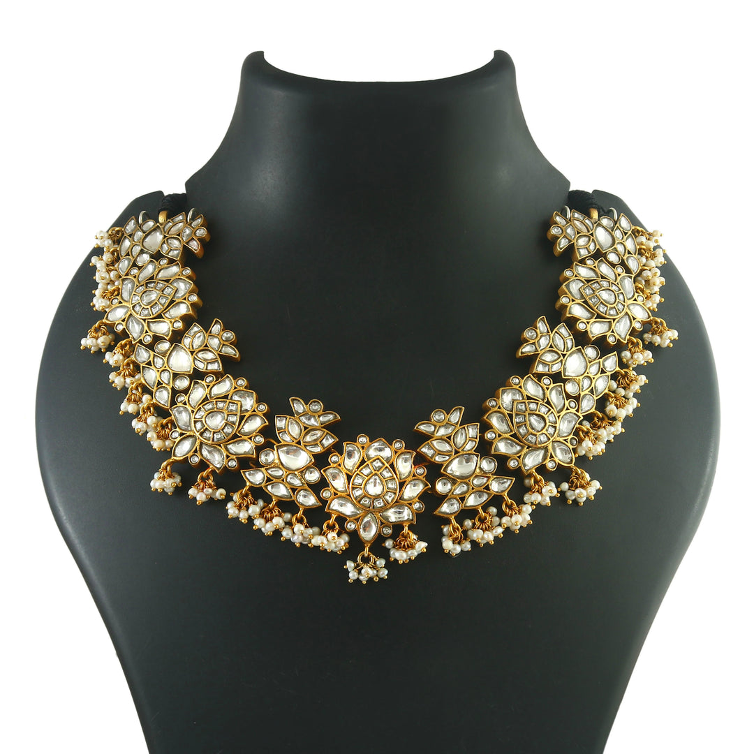 Beautiful Gold-Plated Silver Floral Kundan-Jadau Necklace