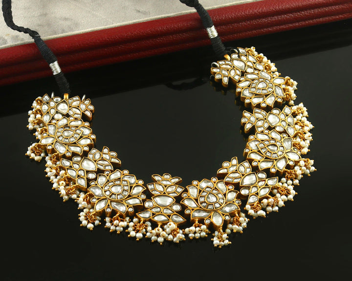 Beautiful Gold-Plated Silver Floral Kundan-Jadau Necklace