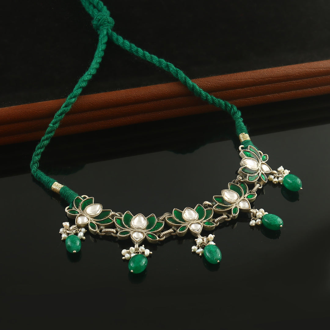 Silver Green & White Kundan Choker Necklace