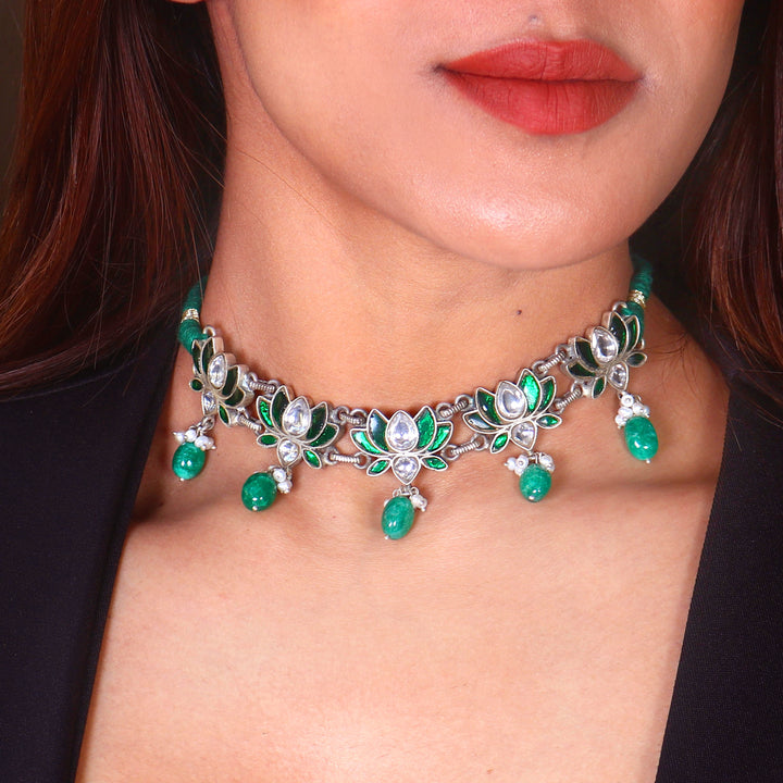 Silver Green & White Kundan Choker Necklace