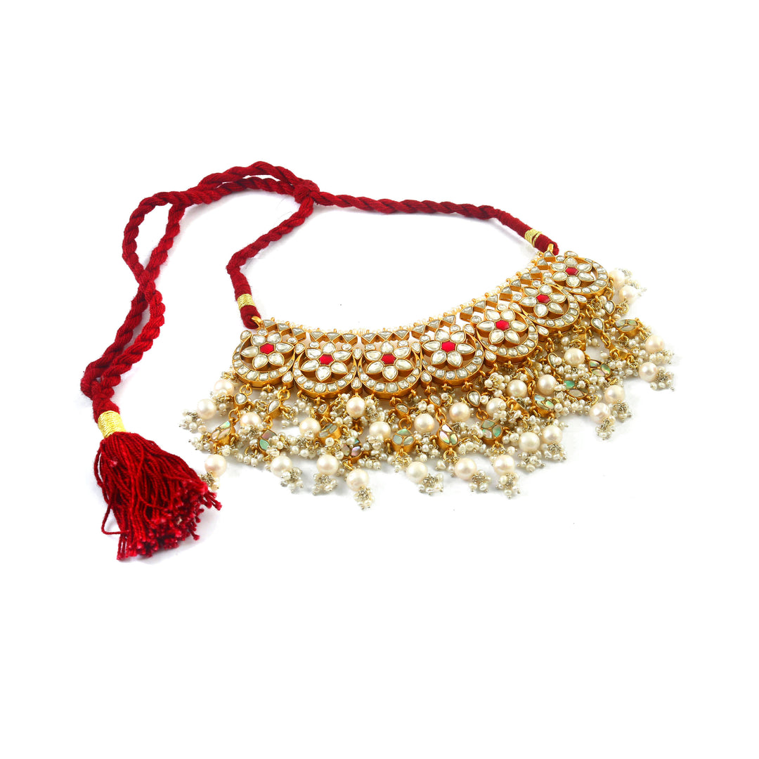 Gold-Plated Silver Floral Pink & White Kundan-Jadau Necklace
